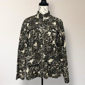 Chico’s XL Brown Cream Quilted Floral Embroidered Zip Utility Jacket Boho Artsy